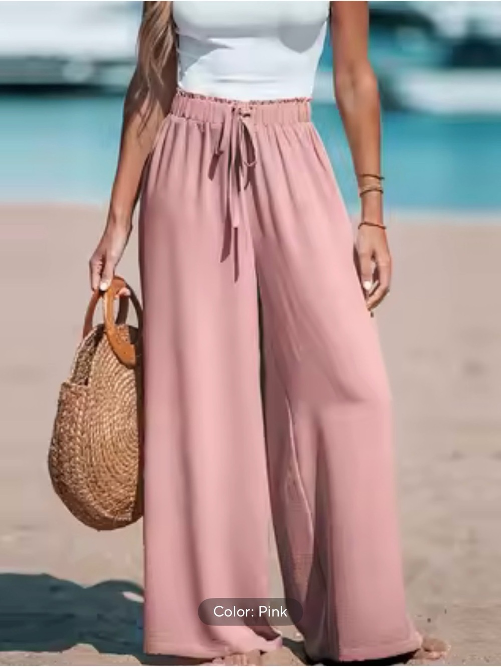 Casual Pink Wide-Leg Drawstring Pants